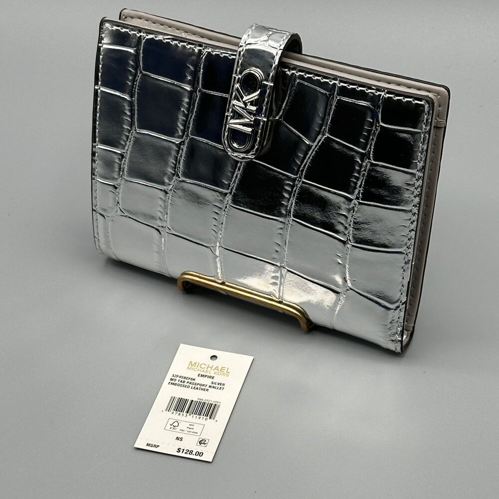 Michael Kors Empire Silver Crocodile Embossed Leather Passport Wallet **READ**